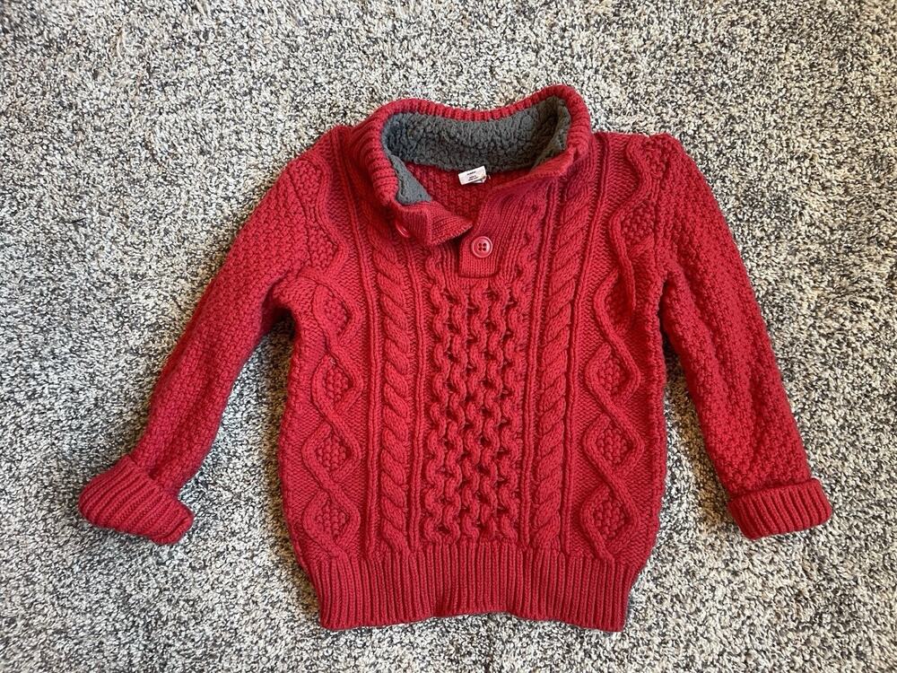 Gap Kid’s Sz 4 Years Red Cable-Knit Sweater Button Mock Neck Pullover